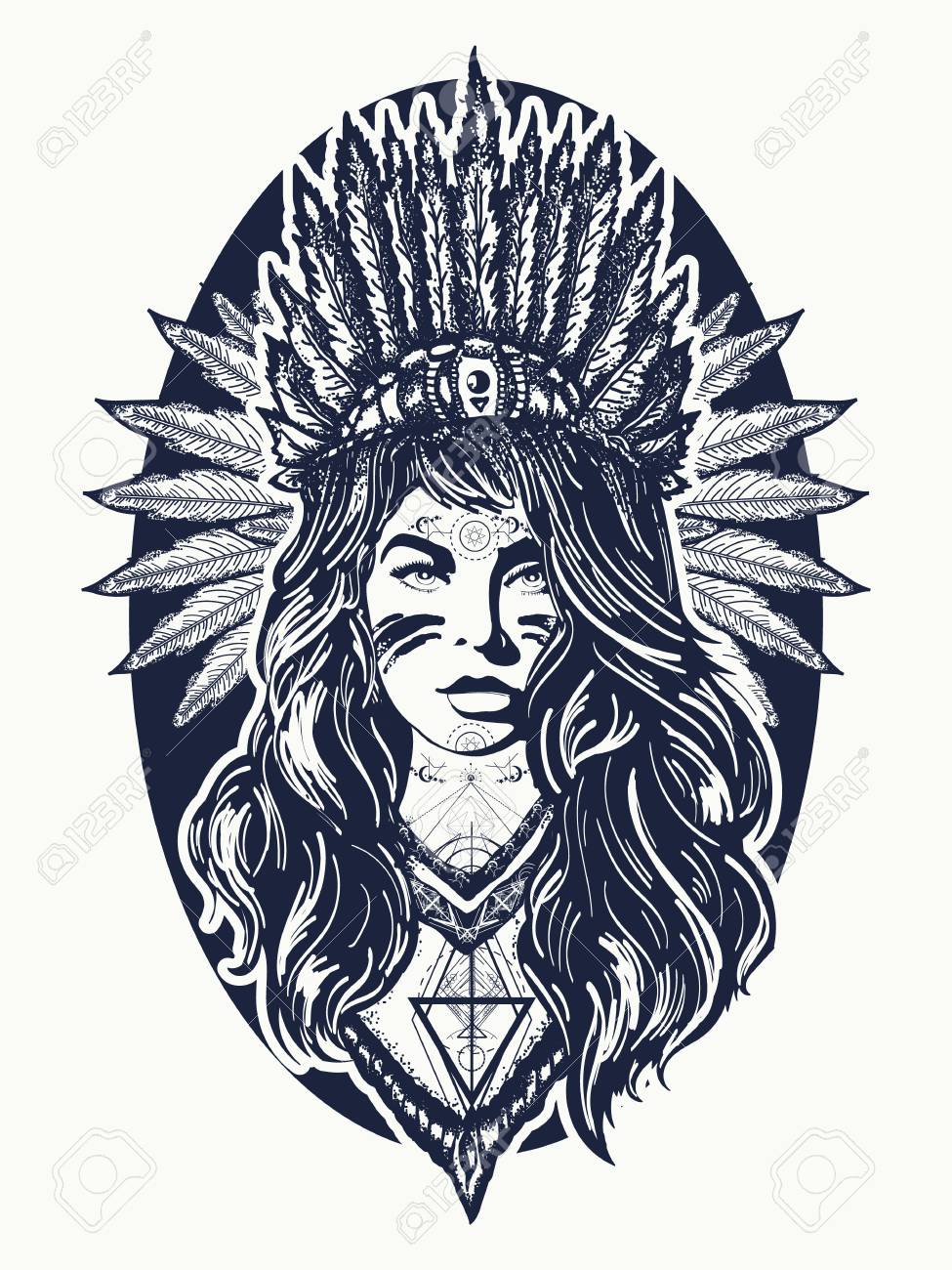 975x1300 Native American Woman Tattoo Art. Ethnic Girl Warrior. Young
