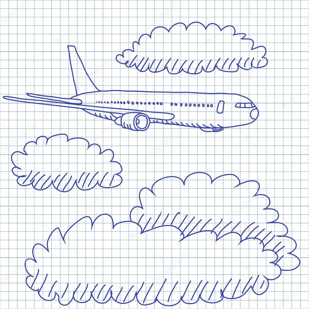 1024x1024 Hand Drawn Vector Drawing Of An Airplane In The Clouds. Pencil