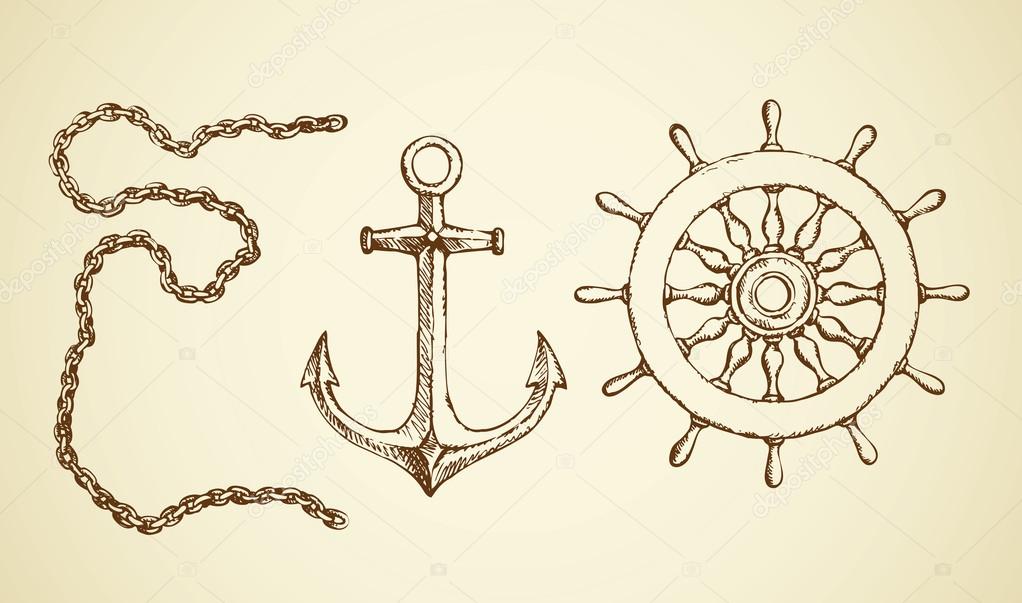 1022x603 Vector Drawing Of Chain, Anchor And Lifeline Stock Vector