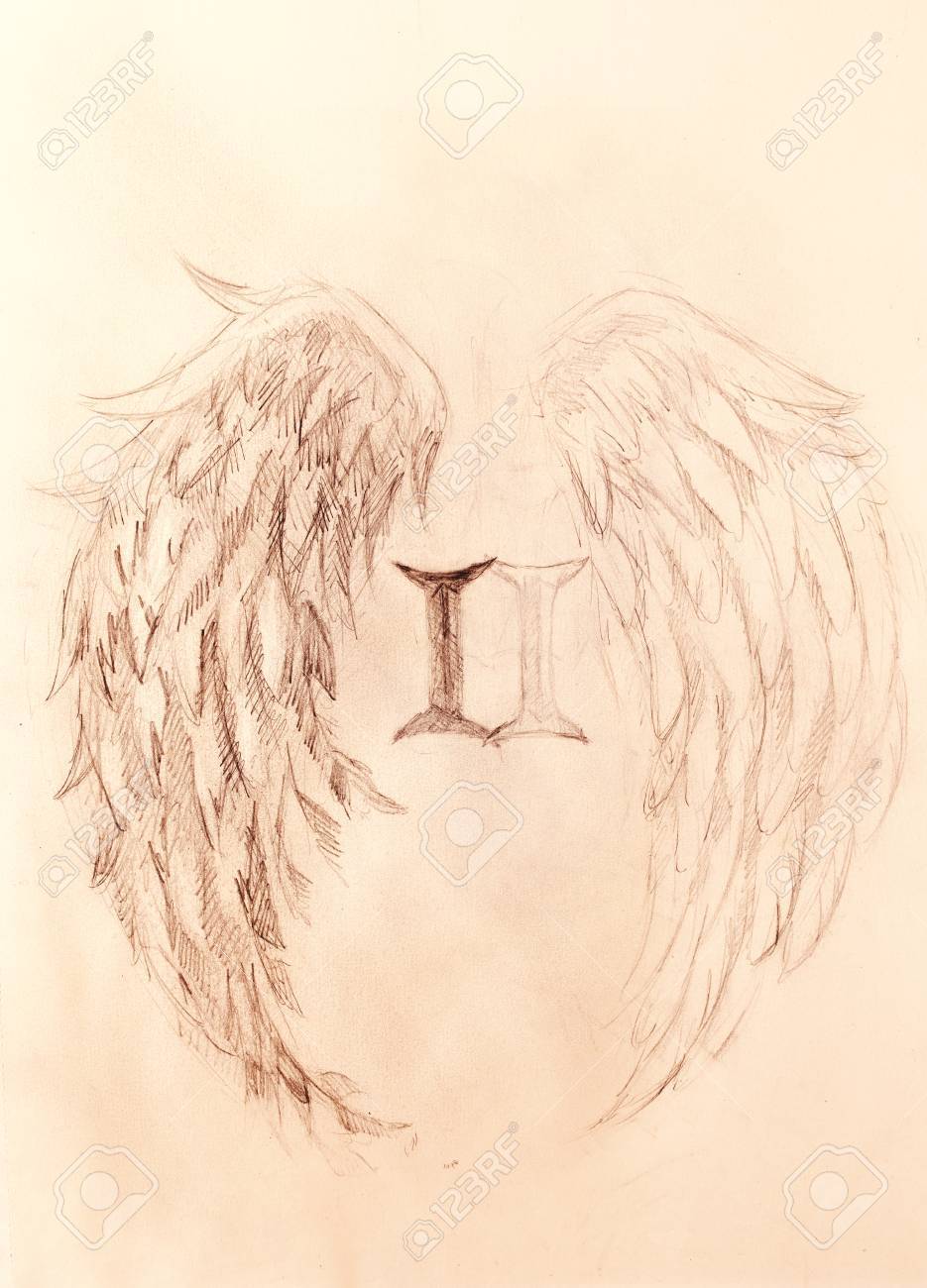 935x1300 Pencil Drawing On Old Paper. Angel Wings And Rome Number, Sepia