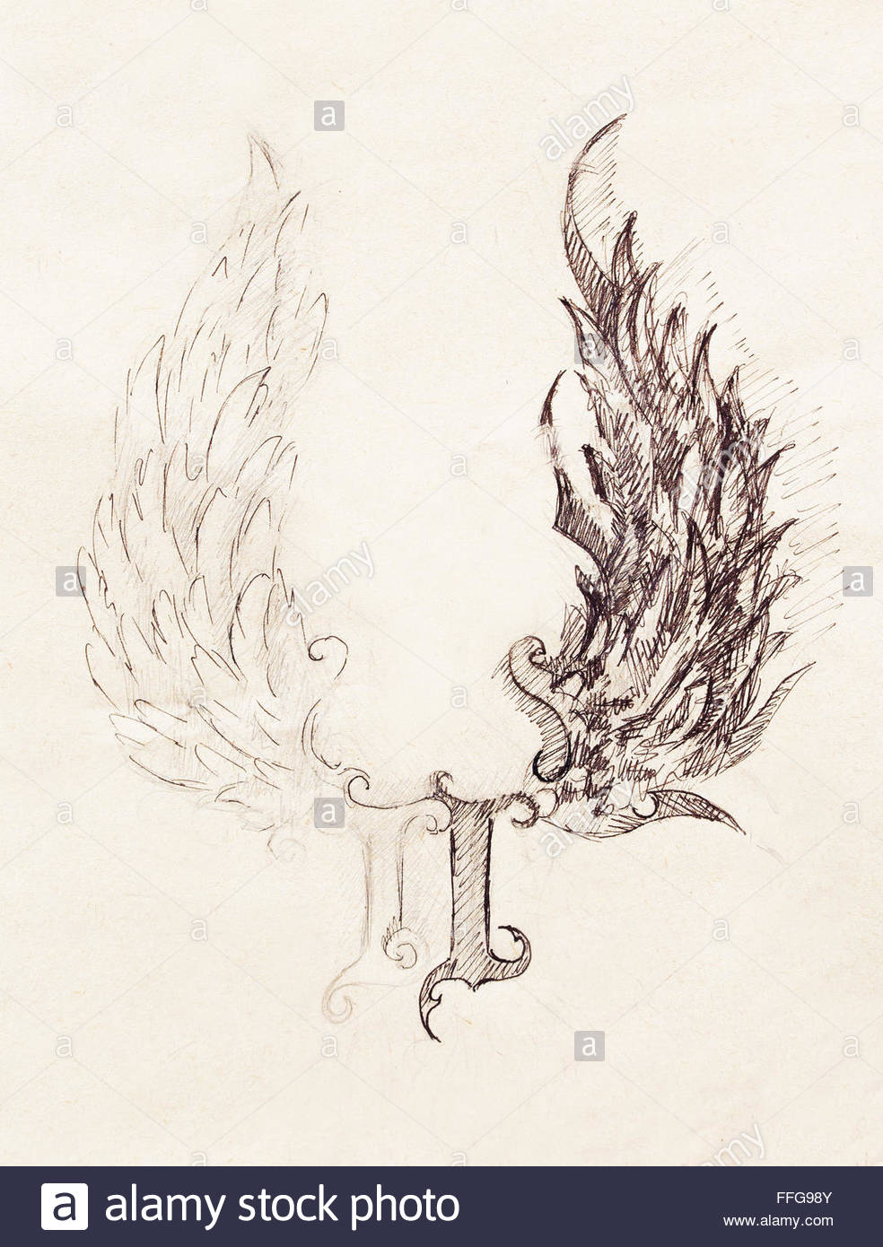 984x1390 Pencil Drawing On Old Paper. Angel Wings Rome Number, God