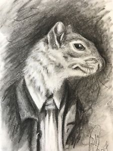225x300 Original Charcoal Drawing Squirrel Animal Pet Fantasy Fine Art