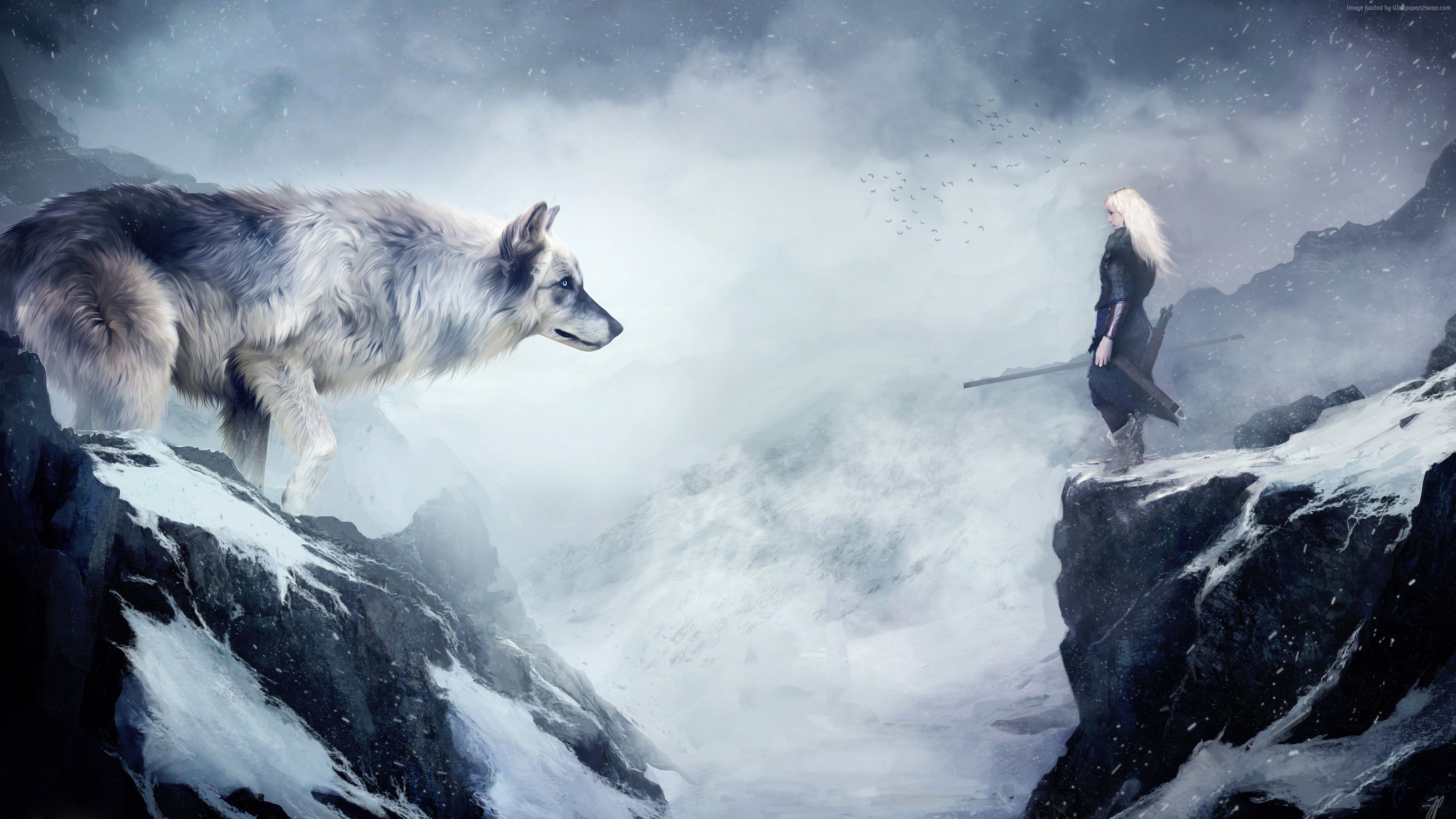 3200x1800 Wallpaper Wolf, 4k, Hd Wallpaper, Mountain, Girl, Animals, Winter