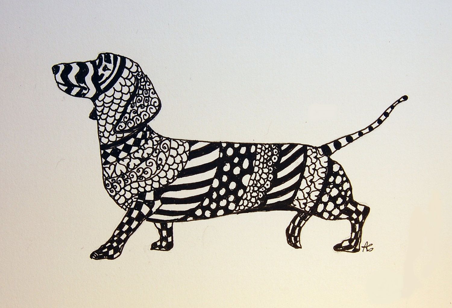 1500x1022 Dachshund Zentangle Original Pen And Ink Drawing With Hearts Free