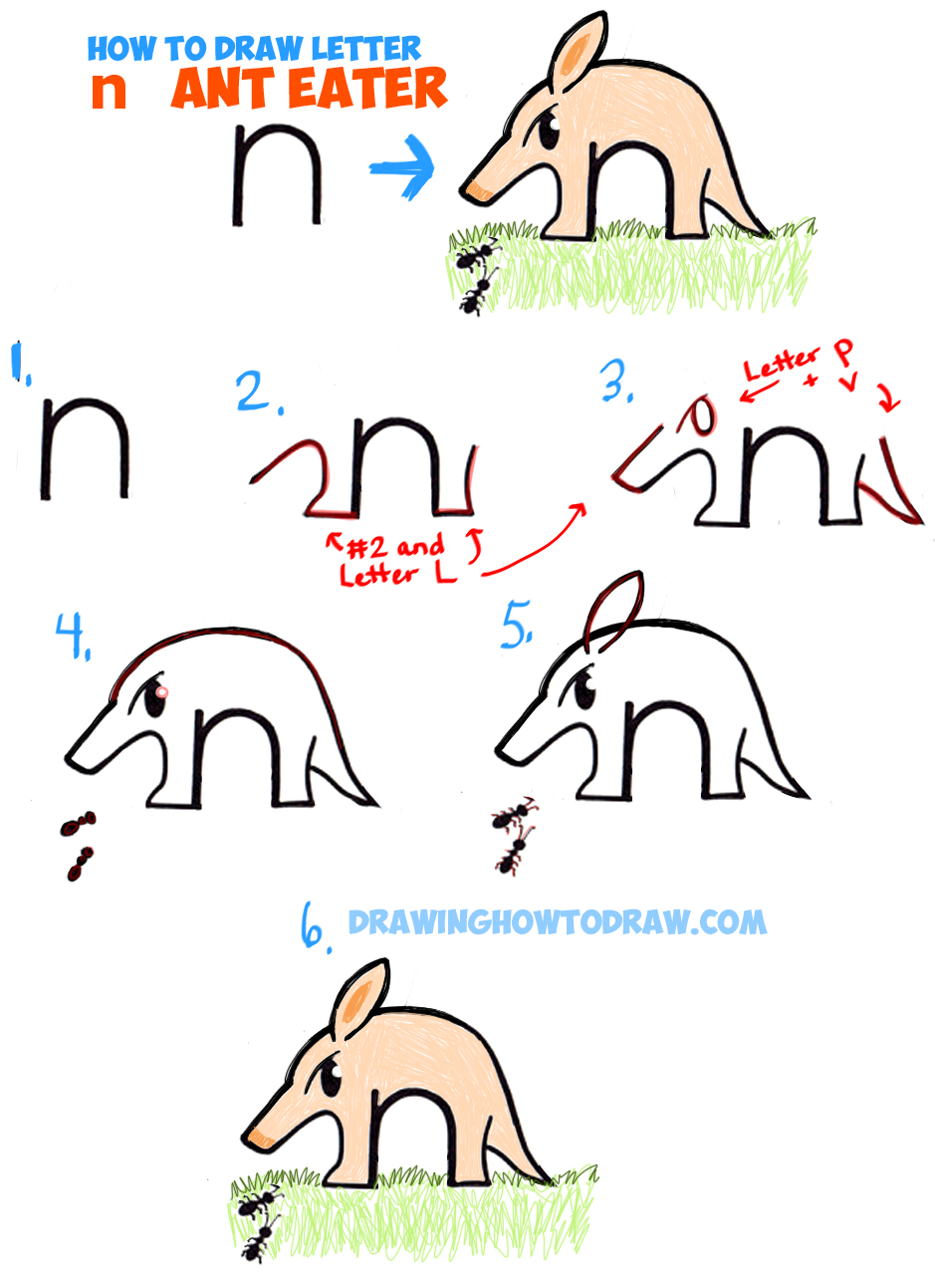 939x1293 How To Draw Cartoon Ant Eater From Lowercase Letter N