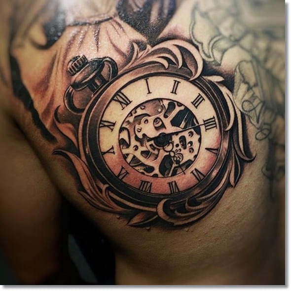 590x590 18. This Very Realistic Antique Pocket Watch Tattoo Inked