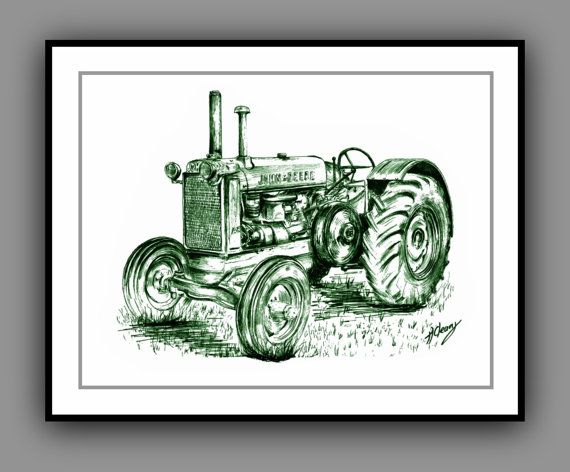 570x472 John Deere Vintage Tractor Print From My Original Drawing