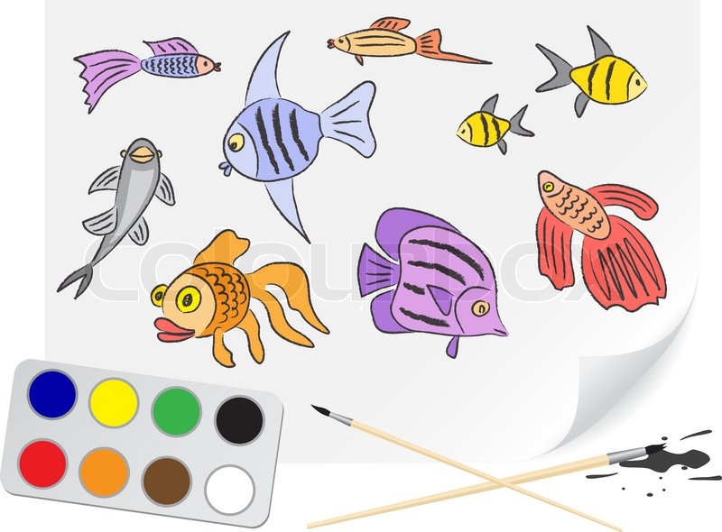 800x590 Children Drawing The Aquarium Fishes A Brush Paints On A Paper