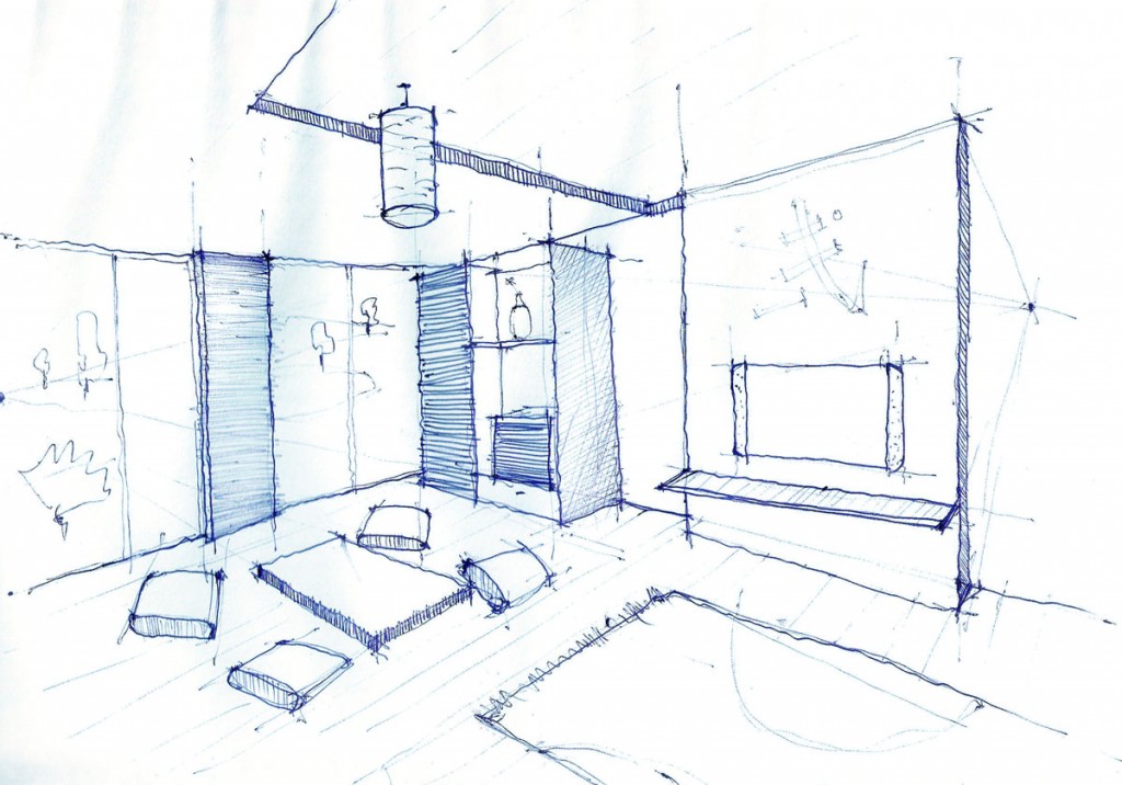 1024x716 Interior Design Drawing, Living Room Pen Sketch Arch
