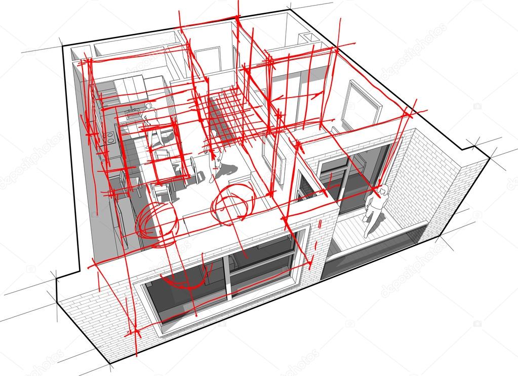 1023x744 Apartment Diagram With Hand Drawn Architect`s Sketches Stock