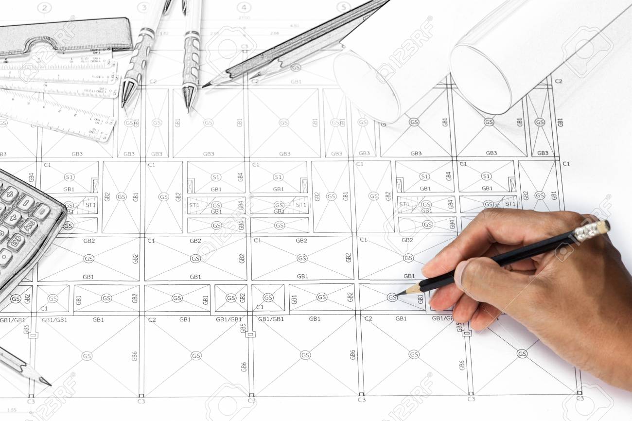 1300x866 Close Up Of Person Engineer Hand Drawing Plan On Blue Print