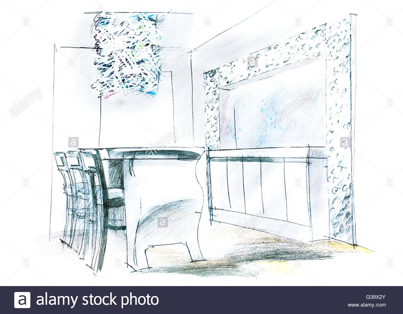 1300x1013 Freehand Sketch Perspective Architectural Drawing Of Living Room