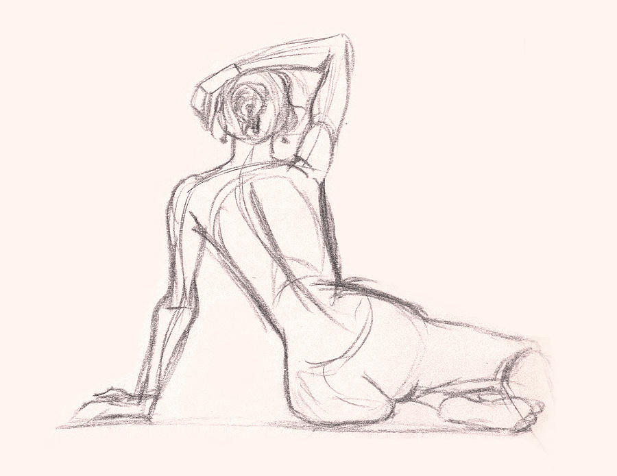 900x695 Charcoal Pencil Drawing Of Nude Woman, Arm Up, Leaning On Hand