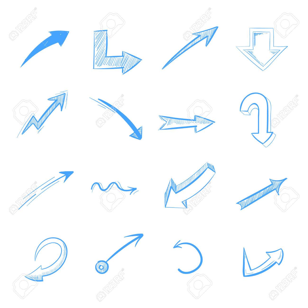 1299x1300 Pen Drawing Arrows Vector Set Isolated On White. Curve Arrow