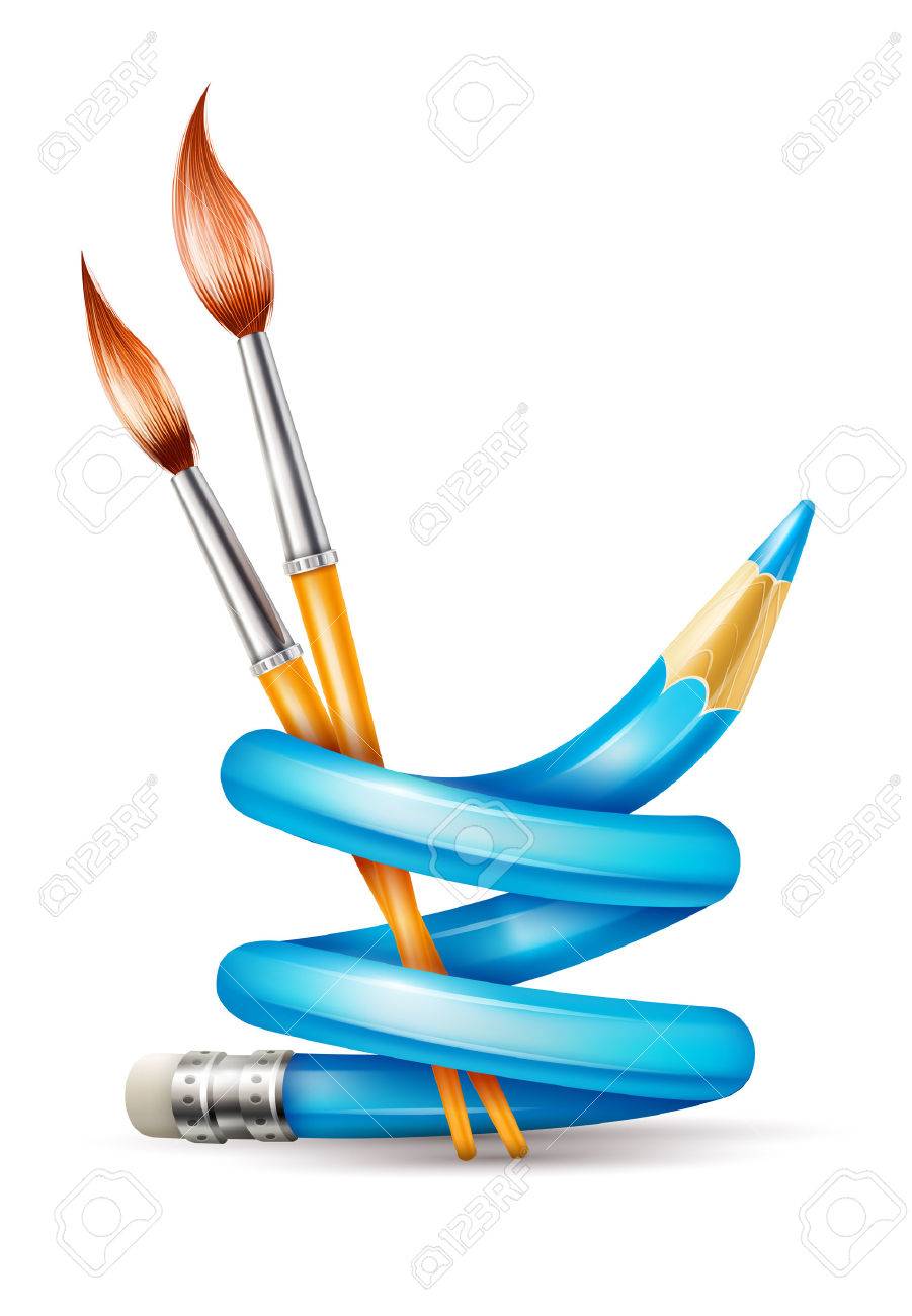 901x1300 Creative Art Design Concept With Twisted Pencil And Brushes Tools