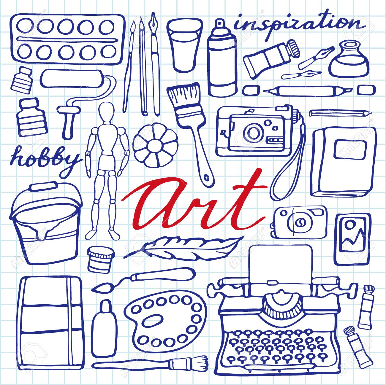 1300x1298 Art Supplies Set. Hand Drawn Cartoon Collection Of Art Tools