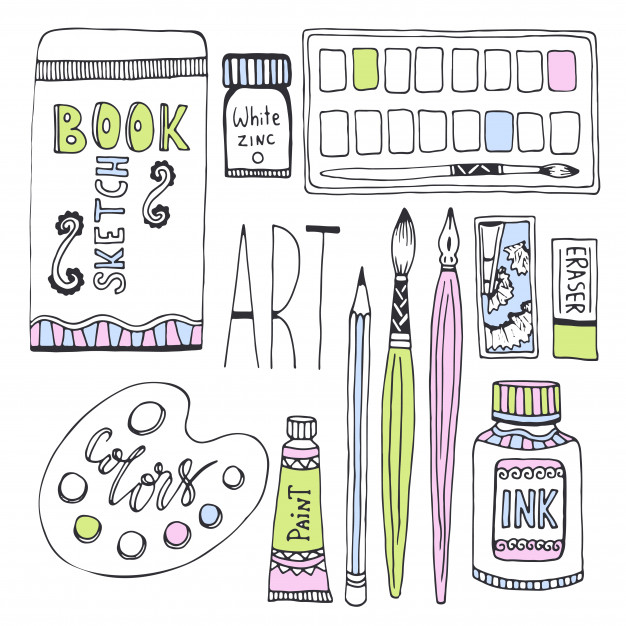 626x626 Art Supplies For Drawing. Sketches Vector Set With Paints, Palette