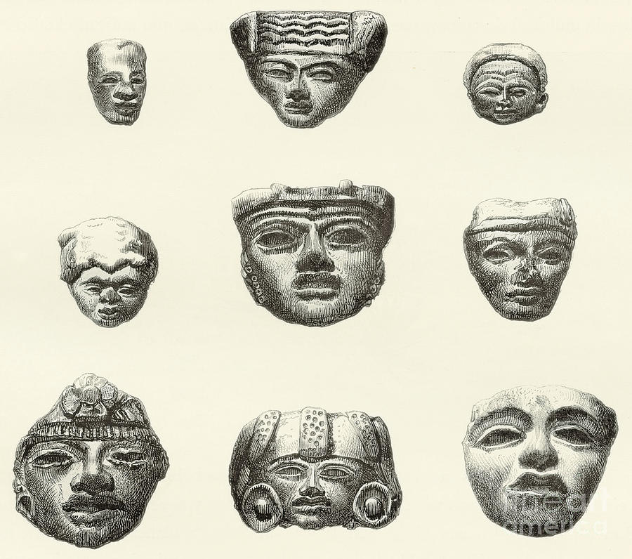 900x796 Stone Heads And Masks Found At Teotihuacan, Mexico Drawing By