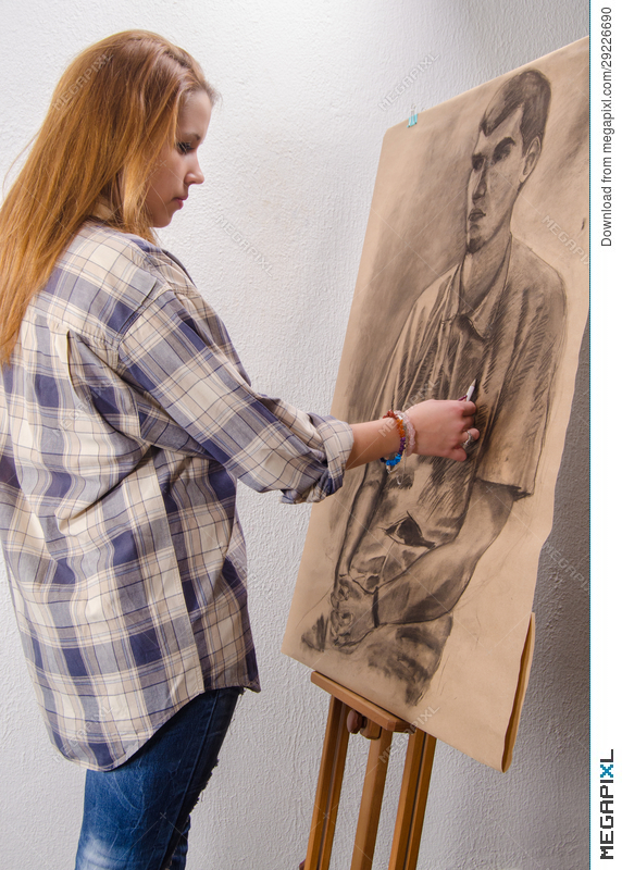 572x800 Young Female Artist Drawing Man Portrait Art Studio Stock Photo