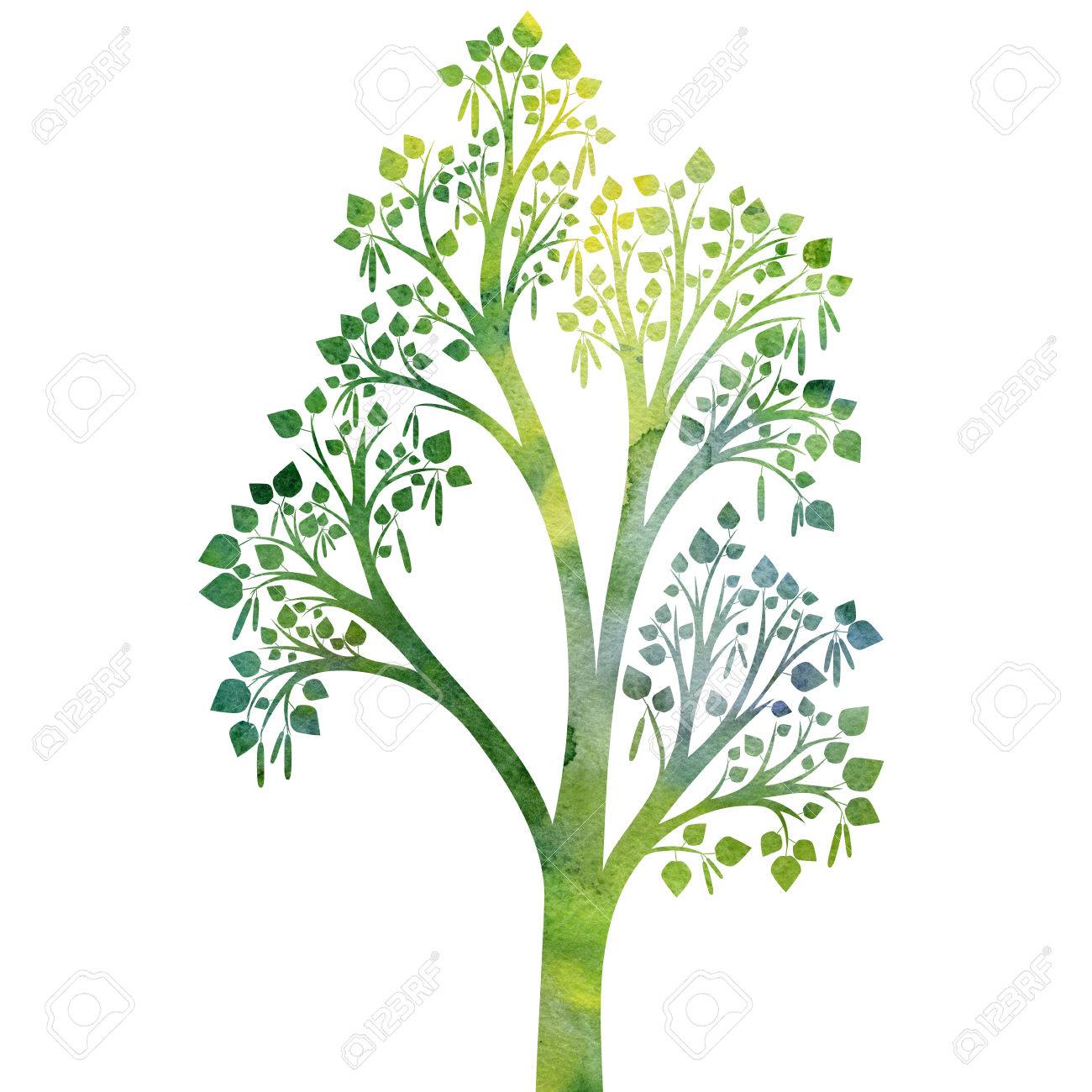 1300x1300 Silhouette Of Birch Tree With Leaves Drawing In Watercolor