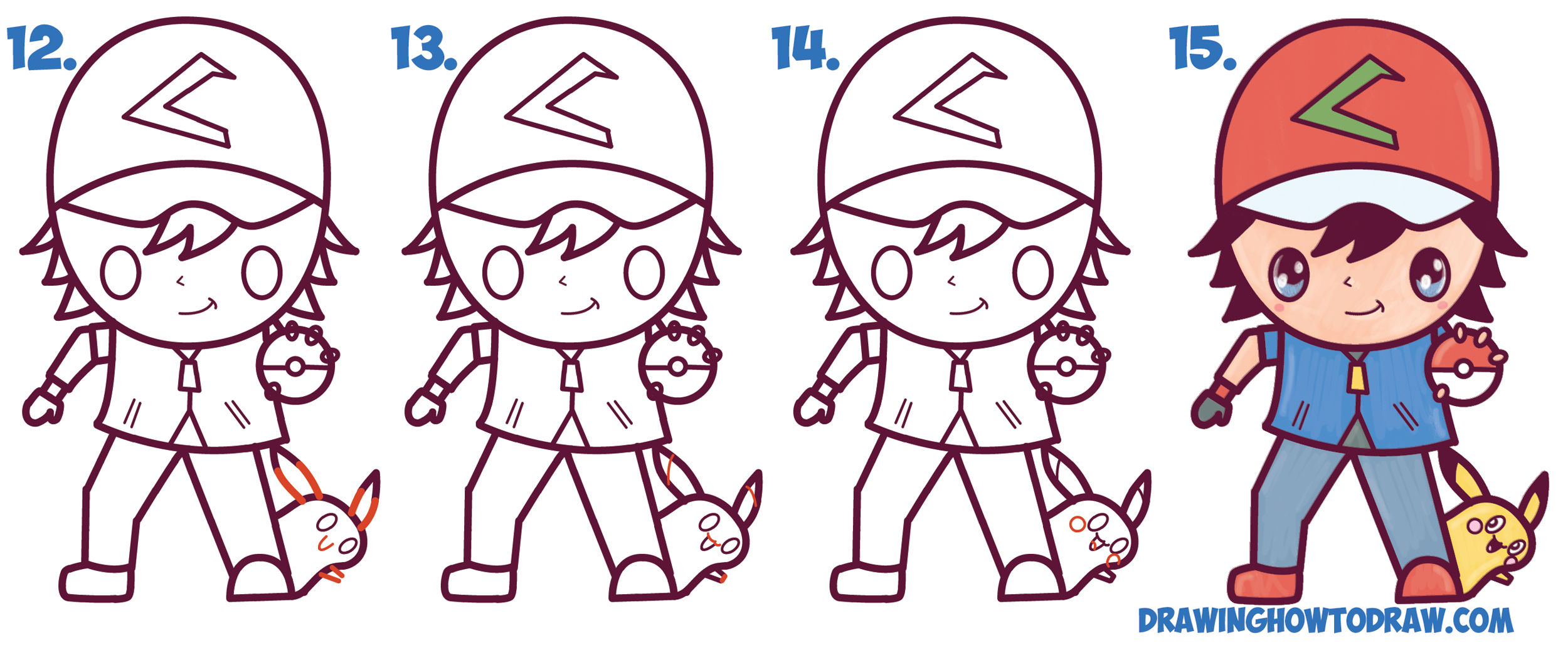 2500x1034 How To Draw Cute Kawaii Chibi Ash Ketchum And Pikachu From Pokemon