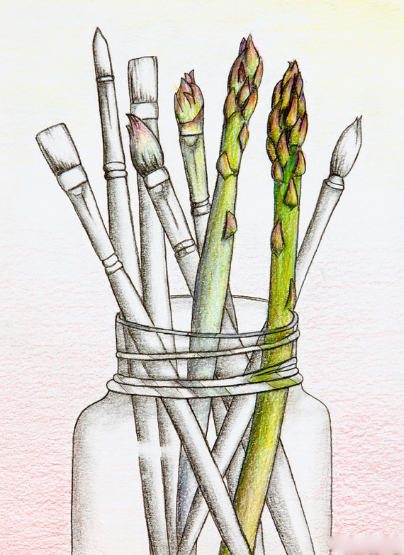 570x783 Asparagus Paint Brushes In Jar Colored Pencil Original Drawing