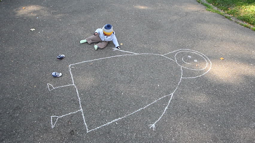 852x480 Baby Drawing Her Mother On The Asphalt With A Piece Of Chalk Stock