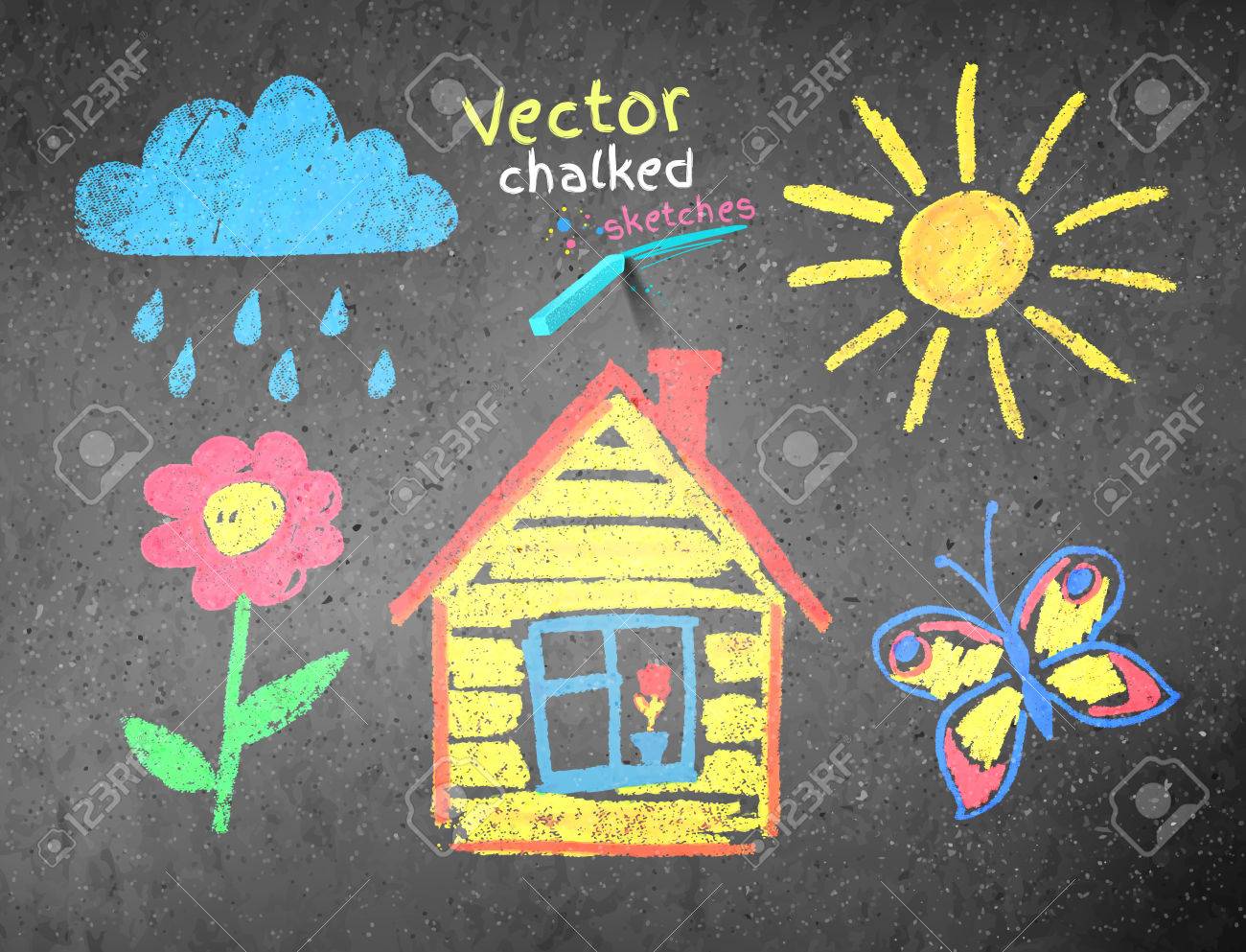 1300x993 Chalked Kids Drawing On Asphalt Background. Royalty Free Cliparts