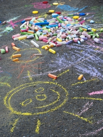 337x450 Colored Chalk On Playground With Drawings On Street Stock Photo