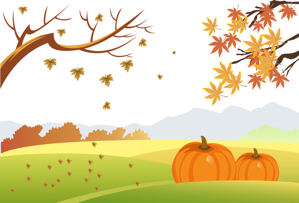 600x407 Autumn Drawing Design With Falling Leaves And Pumpkins Free Vector