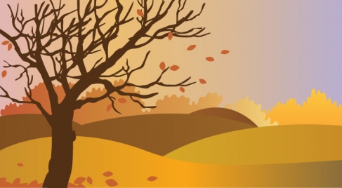 487x268 Autumn Drawing Design With Falling Leaves On Hill Vectors Stock