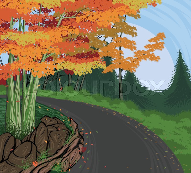 800x727 Road To Autumn Scene Vector Hand Drawing Nature Landscape