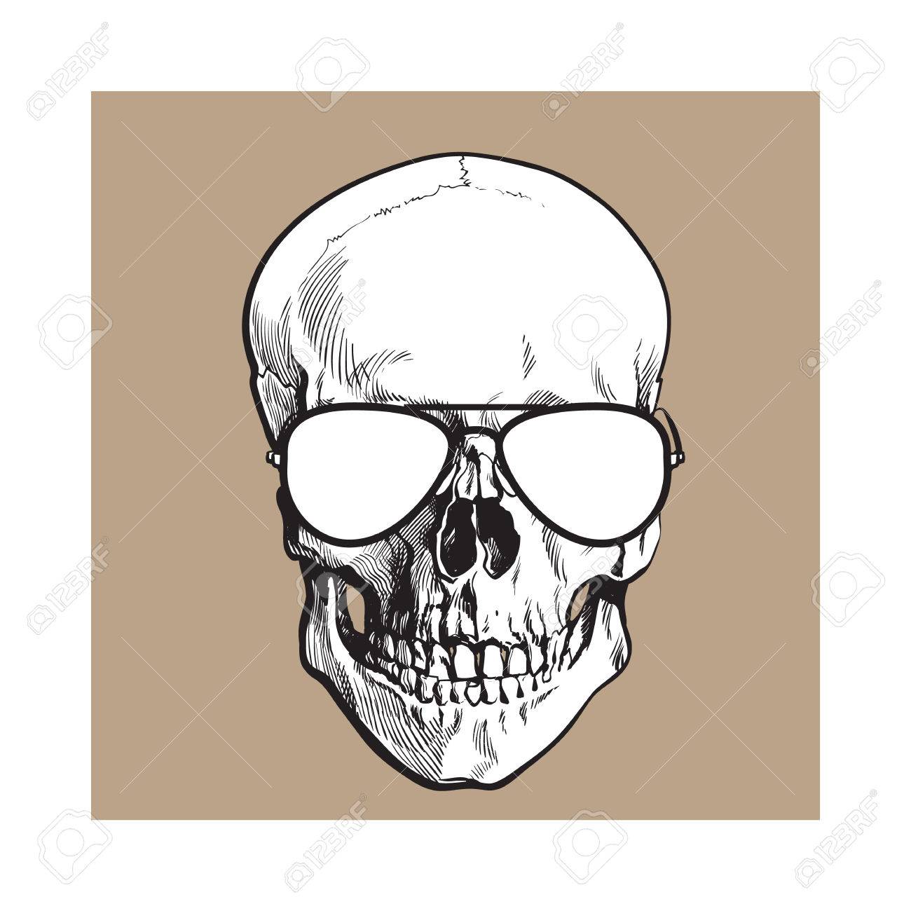 1300x1300 Hand Drawn Human Skull Wearing Black And White Aviator Sunglasses