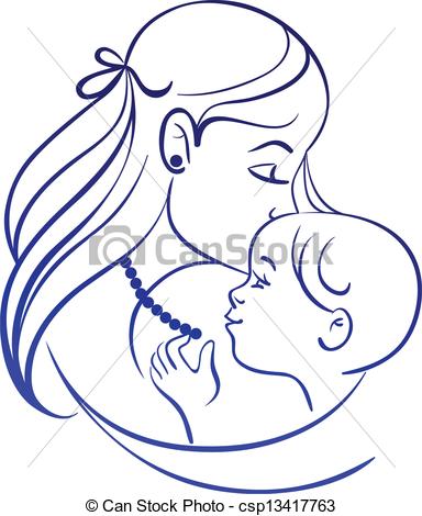 384x470 Mother And Baby. Linear Silhouette Of Mother And Her Child Clip