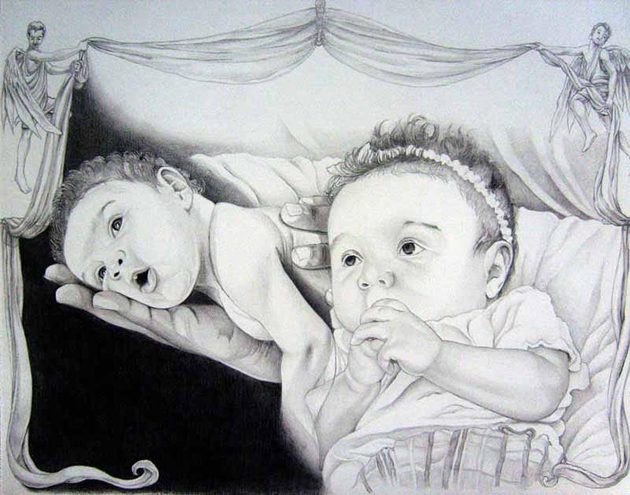 900x707 Baby And Angel Drawing By Timmy Jackson