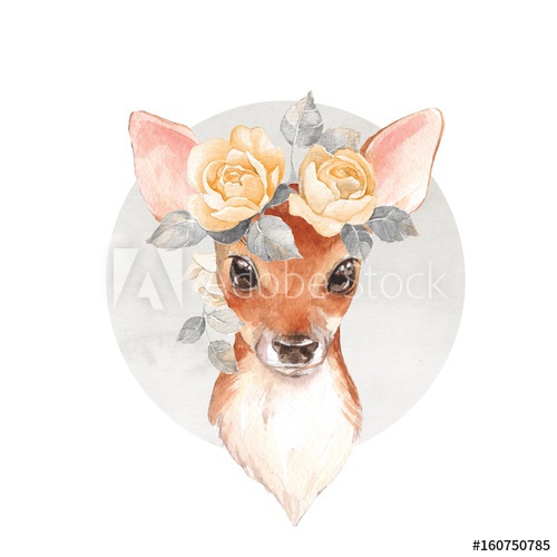 500x500 Baby Deer And Flowers. Hand Drawn Cute Fawn. Watercolor
