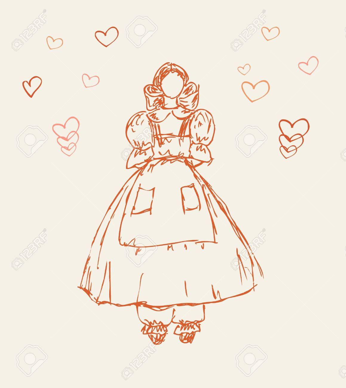 1159x1300 Sketch Of Little Girl In Retro Clothes Baby In Vintage Modern