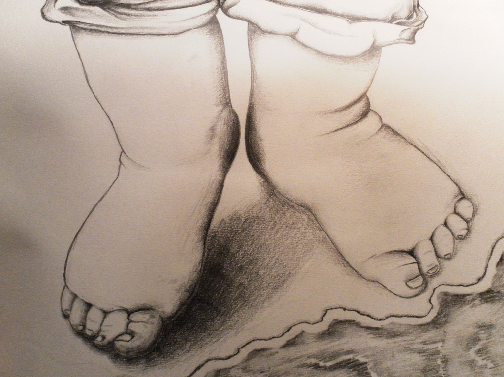 1024x767 Pencil Drawing Of Baby Feet On The Beach From Within A Book