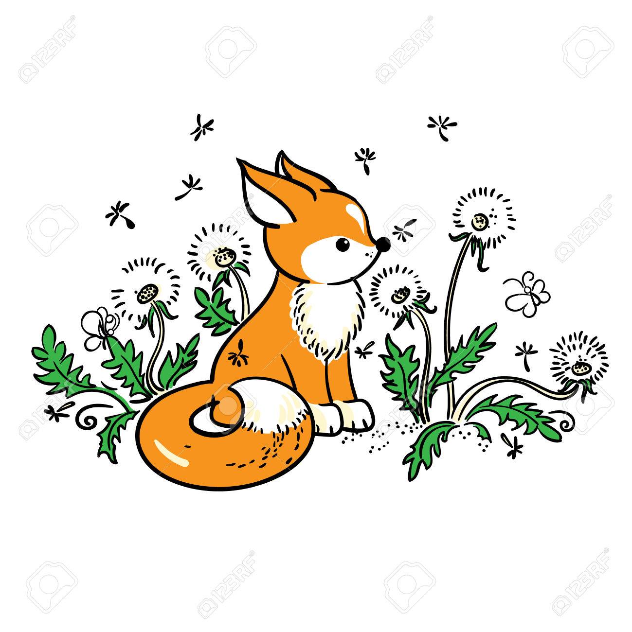 1299x1300 Drawing Of Baby Fox And Dandelions Royalty Free Cliparts, Vectors