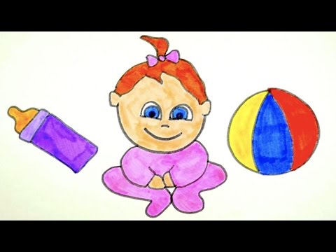 480x360 How To Draw A Baby Girl, Baby Bottle And Colorful Beach Ball
