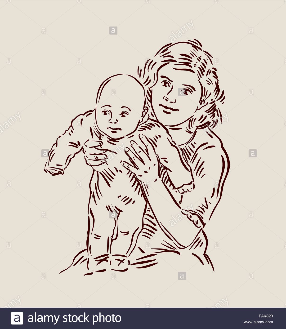 1208x1390 Hand Drawn Young Mother With A Baby. Sketch. Vector Illustration