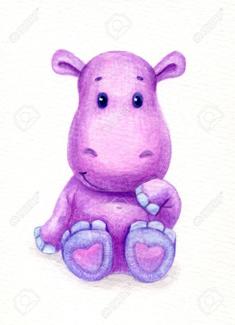 939x1300 Cute Baby Hippopotamus, Watercolor. Stock Photo, Picture