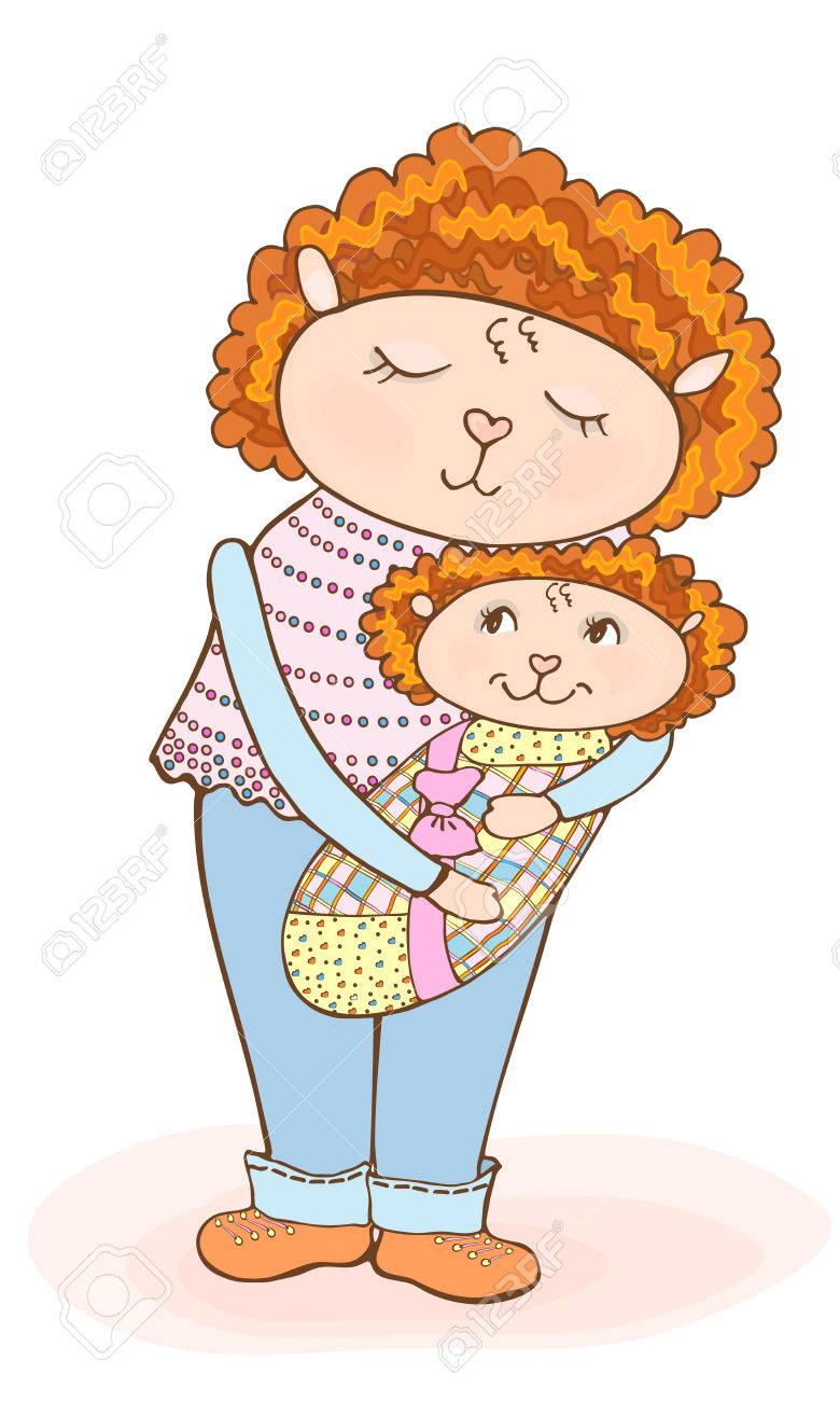 780x1300 Drawing Of A Cute Cartoon Mom Lamb With A Baby In A Diaper Vector