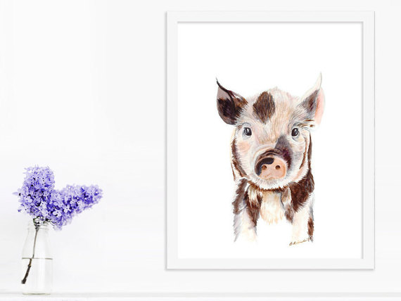 570x428 Baby Pig Painting Farm Animal Print Piglet Art Baby Animal