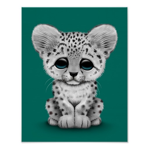 512x512 Cute Baby Snow Leopard Cub On Teal Blue Print Art