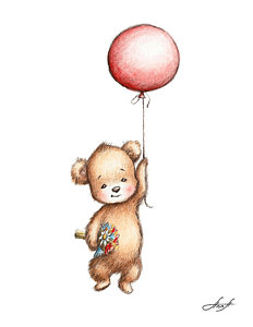 232x300 The Drawing Of Teddy Bear With Red Balloon And Flowers Painting By