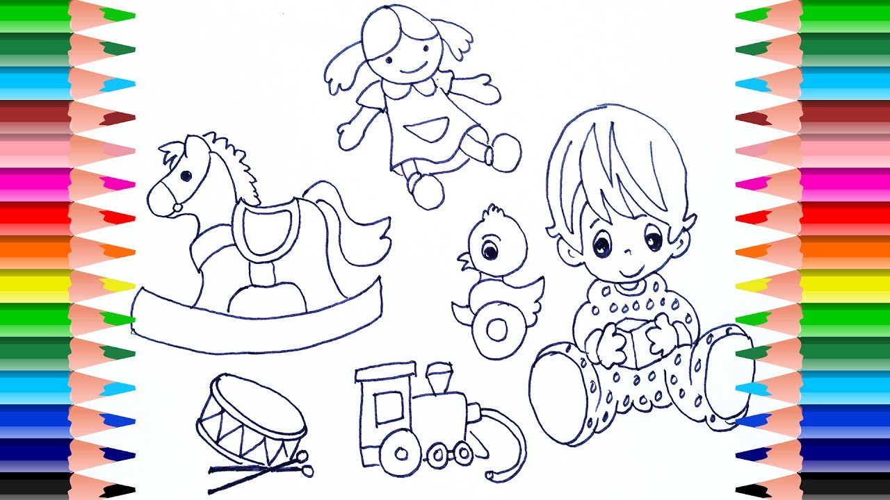 1280x720 How To Draw Baby Toys Like Dolls, Horses,duck,drum Art Colors