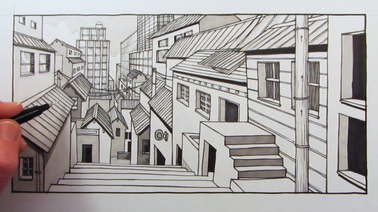 1280x720 How To Draw 1 Point Perspective City Background Fast