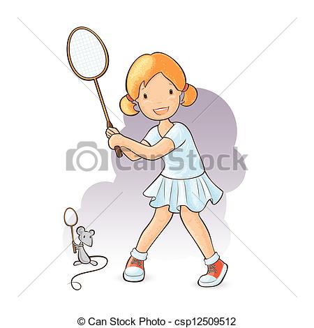 450x470 Little Girl Playing Badminton With Her Mouse Vector Clip Art