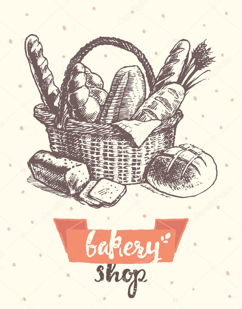 802x1023 Draw Vintage Vector Basket Fresh Bread Bakery Shop Stock Vector